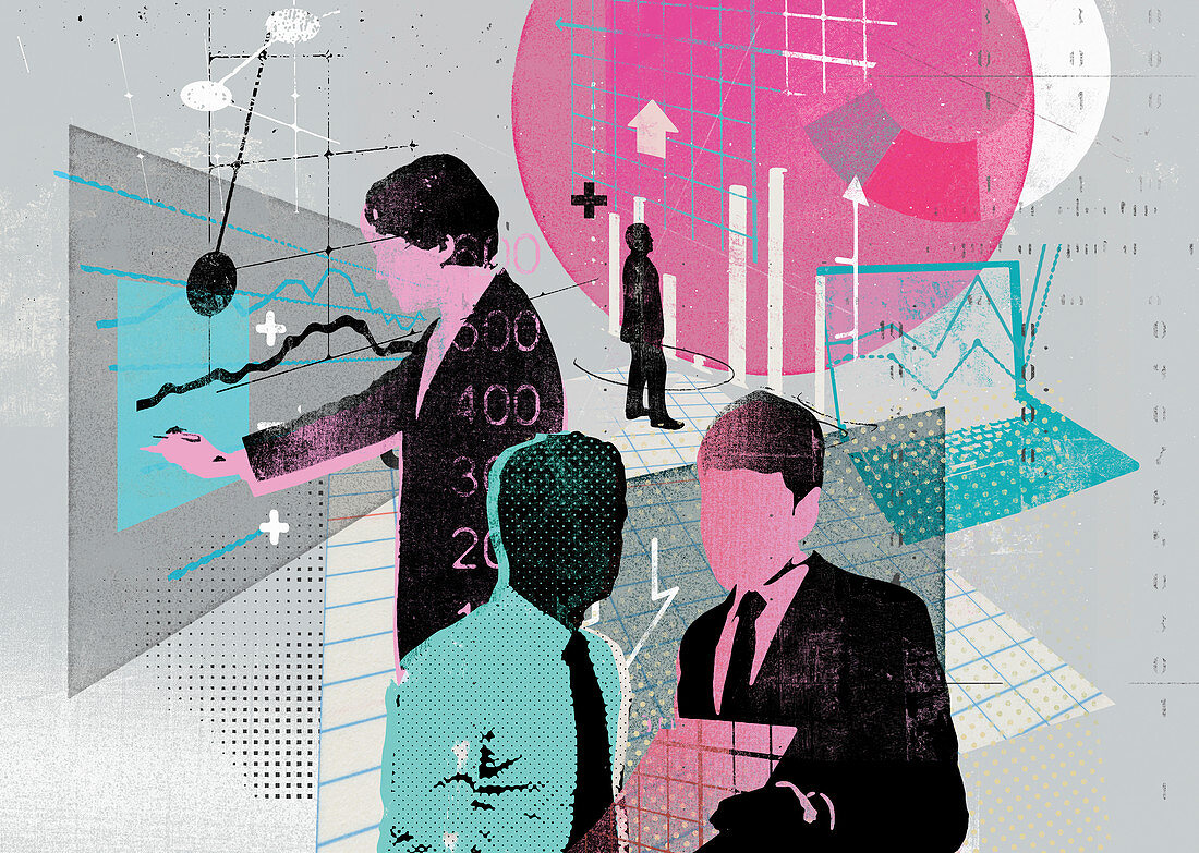 Collage of businessmen analyzing business data, illustration