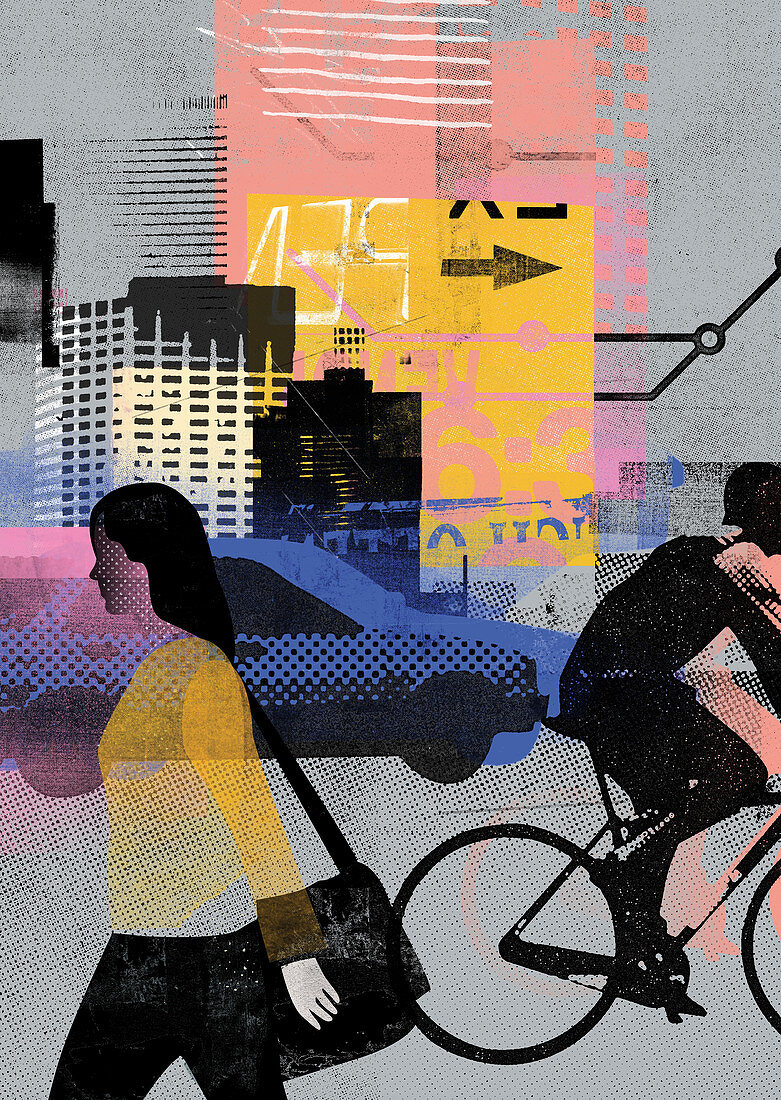 Urban transport and people on the move, illustration