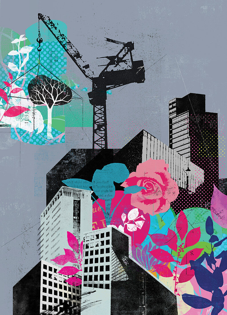 Crane building city with plants and flowers, illustration