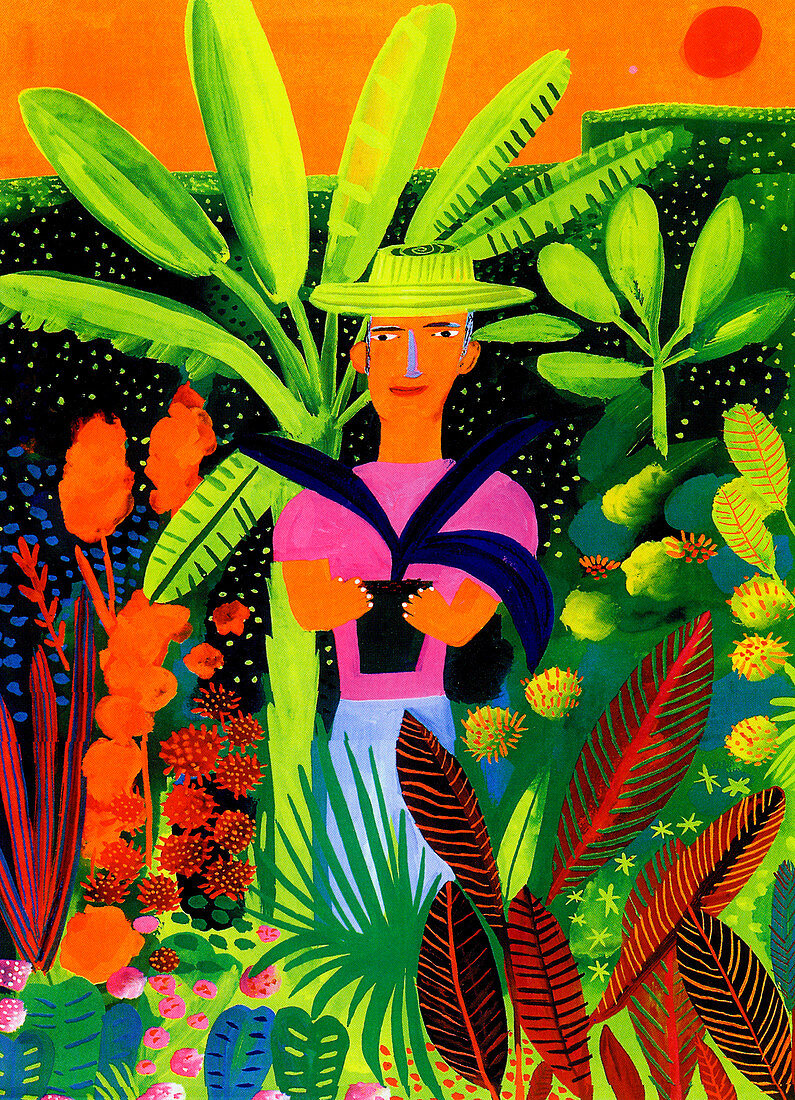 Gardener holding potted plant, illustration
