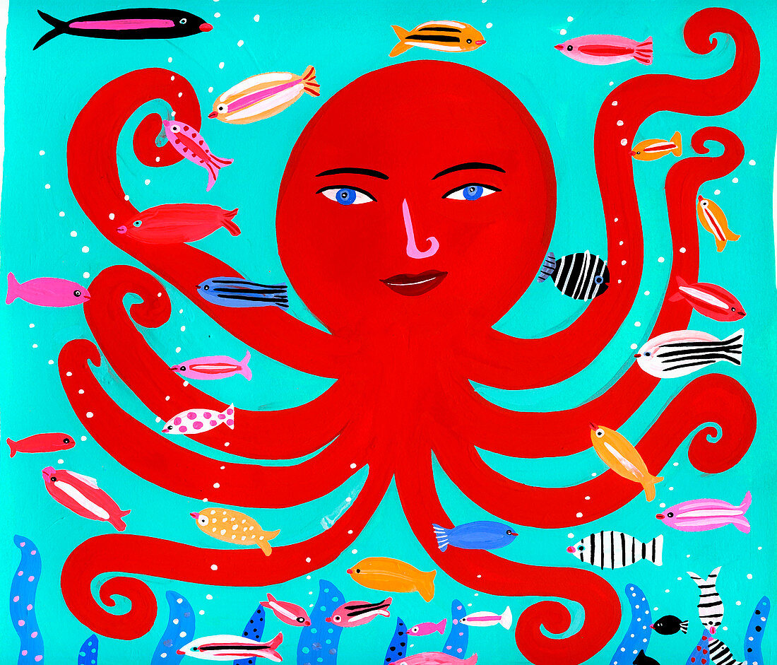 Happy octopus and fish in ocean, illustration