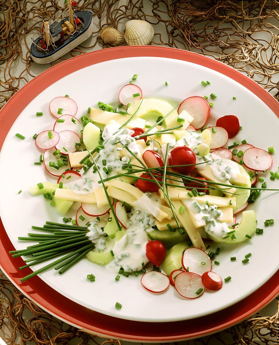 Cheese salad with cucumber, radishes & chive dressing