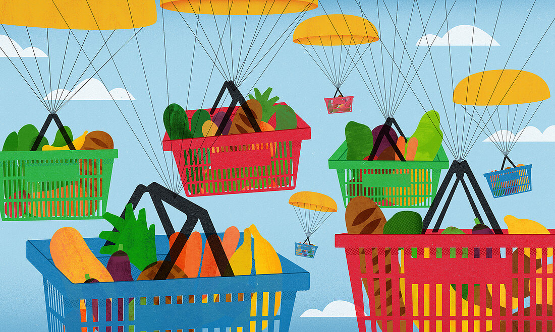 Parachutes carrying shopping baskets, illustration