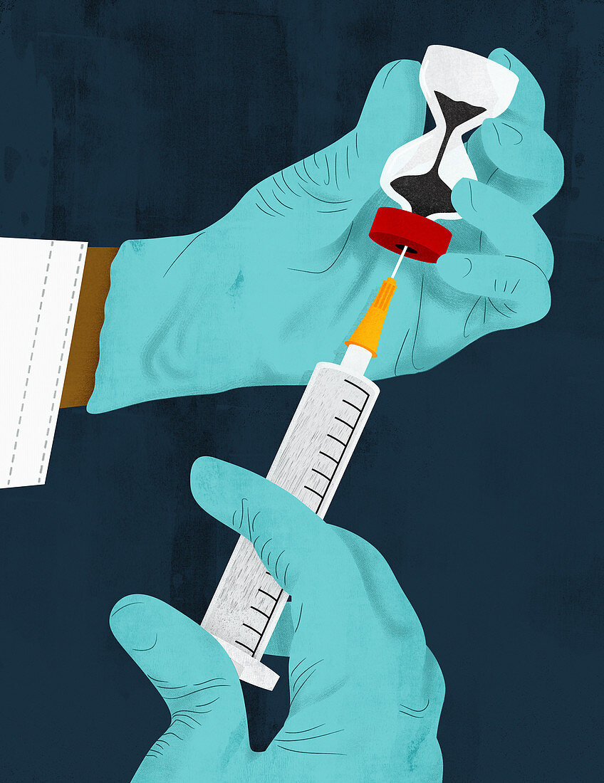 Doctor filling syringe from hourglass phial, illustration