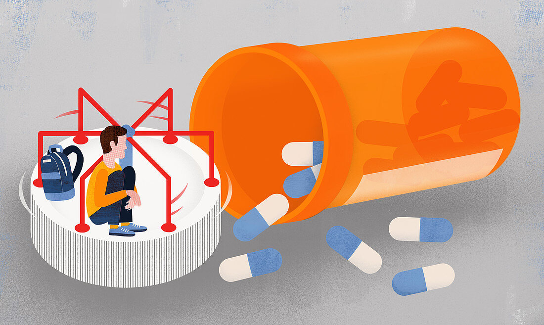 Boy on pill bottle roundabout, illustration