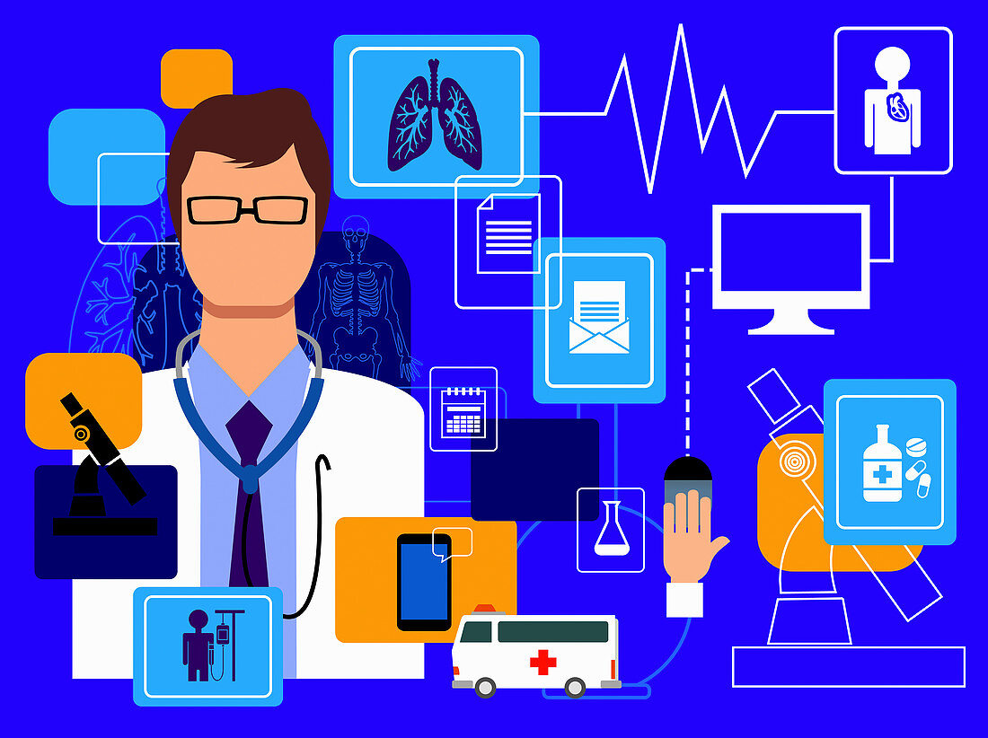 Doctor and computer technology in healthcare, illustration