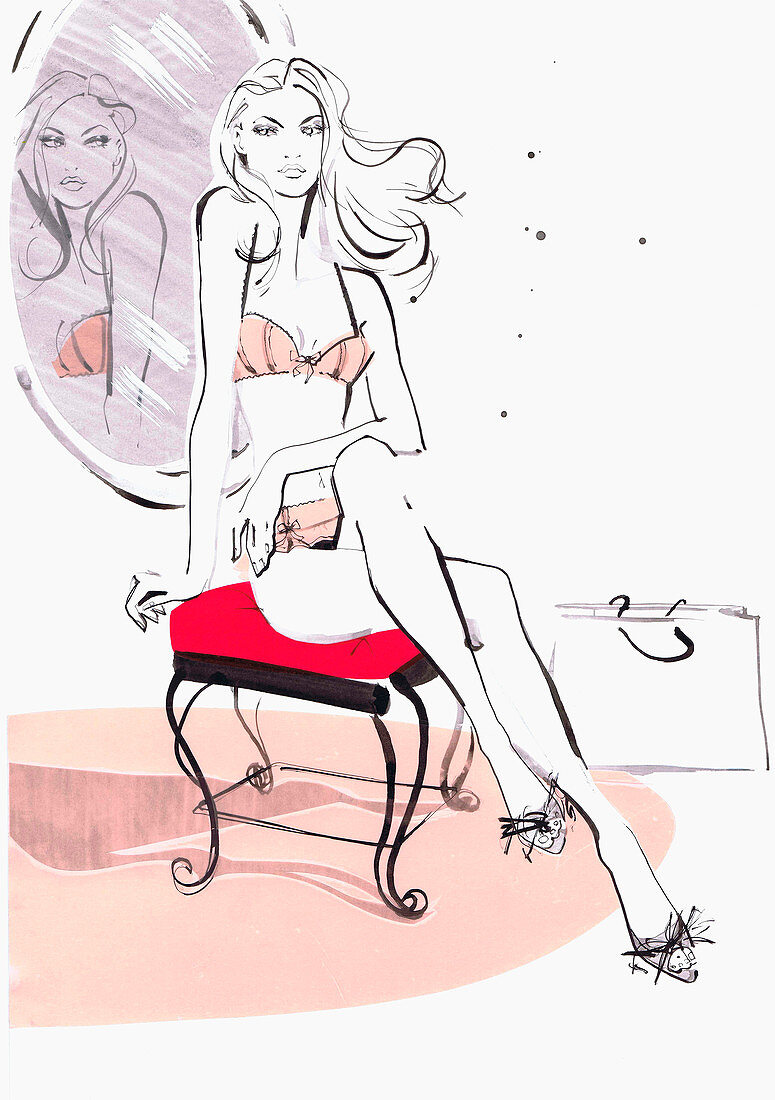 Beautiful woman sitting on chair in underwear, illustration