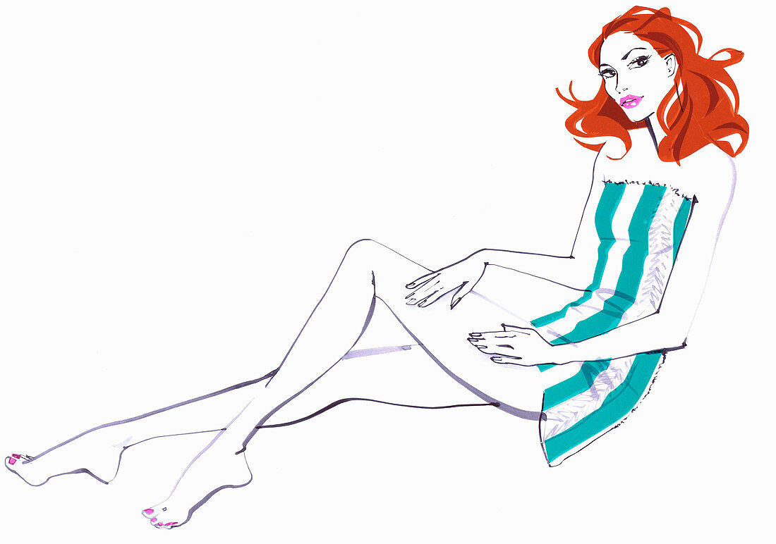 Beautiful woman wrapped in striped towel, illustration