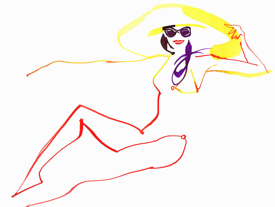 Woman in sunglasses and sun hat, illustration