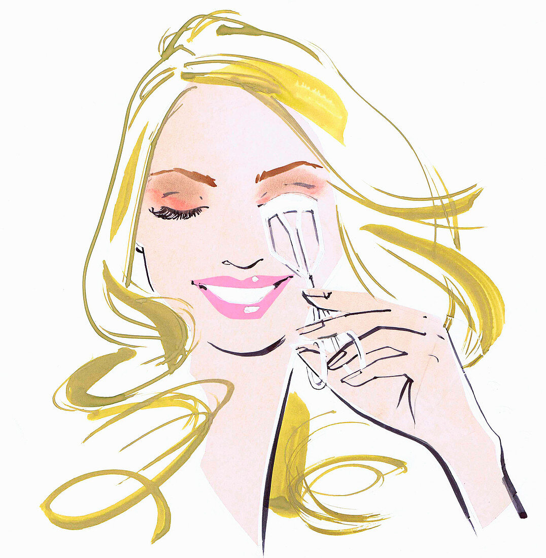 Close up beautiful woman using eyelash curlers, illustration