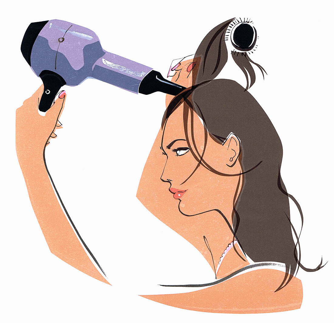 Woman brushing and drying hair, illustration