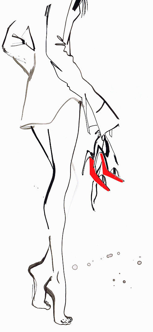 Beautiful woman tiptoeing and carrying shoes, illustration
