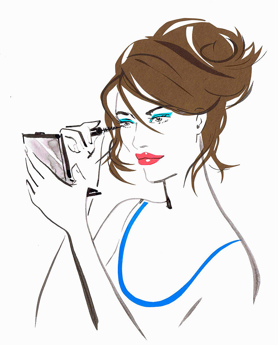 Beautiful woman applying mascara, illustration