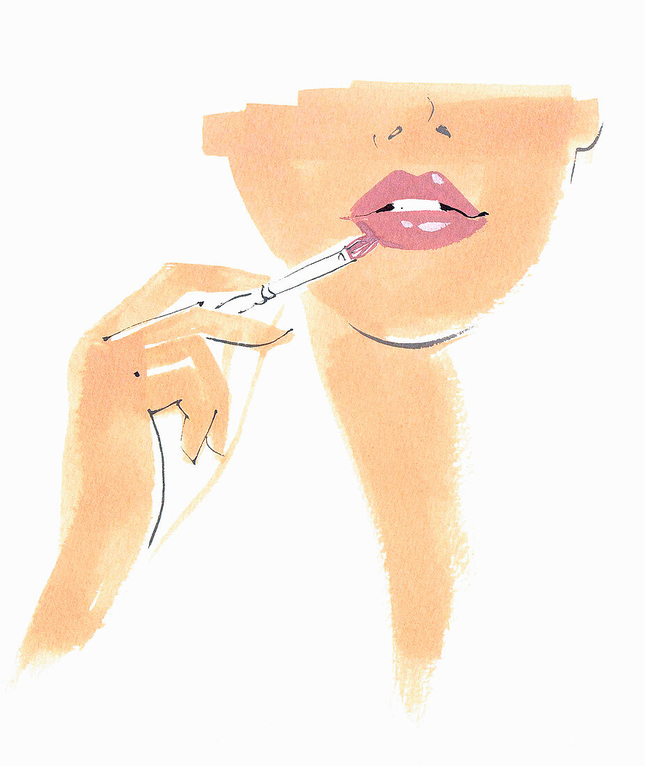Woman applying pink lipstick, illustration