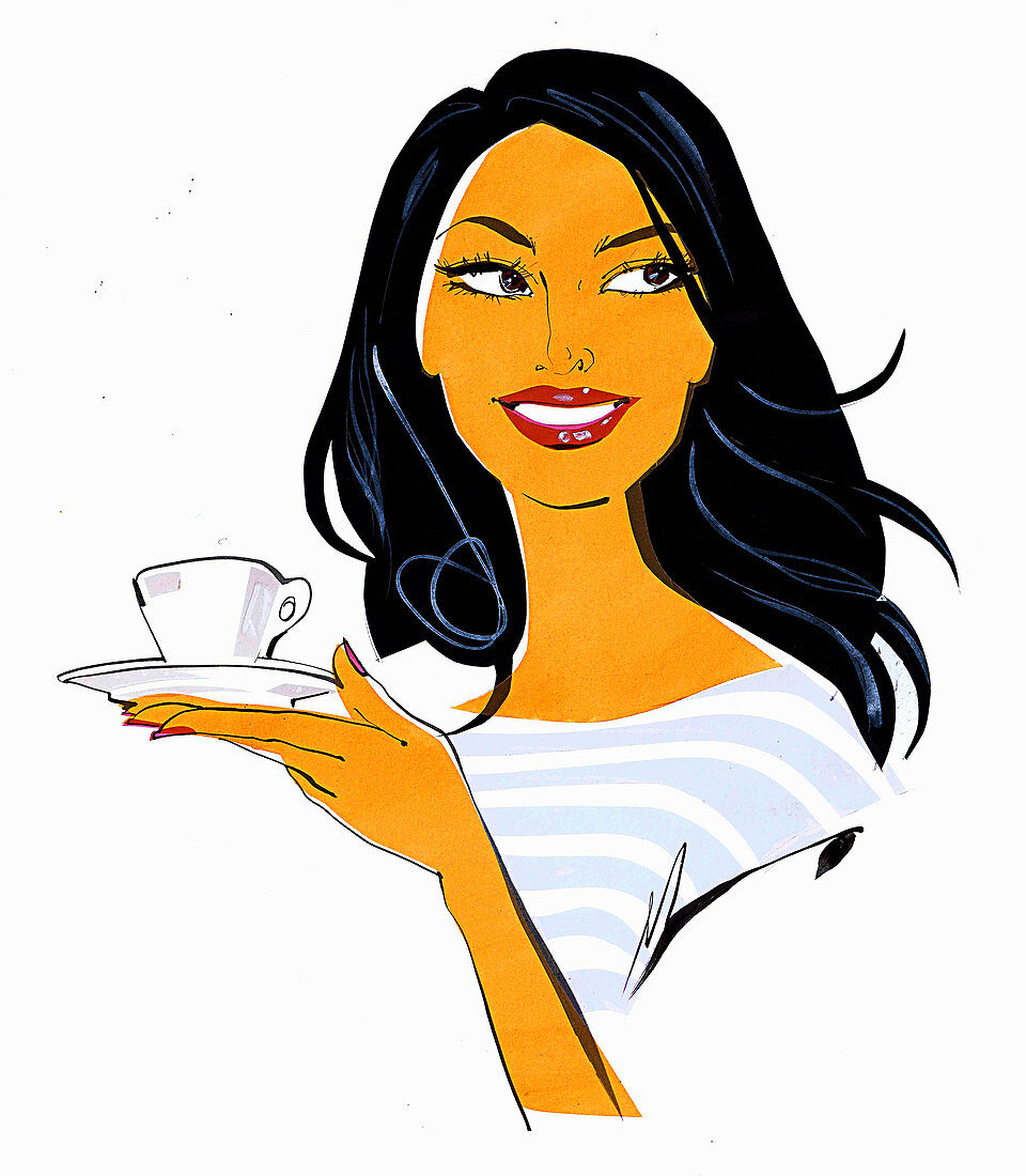 Woman holding teacup and saucer, illustration
