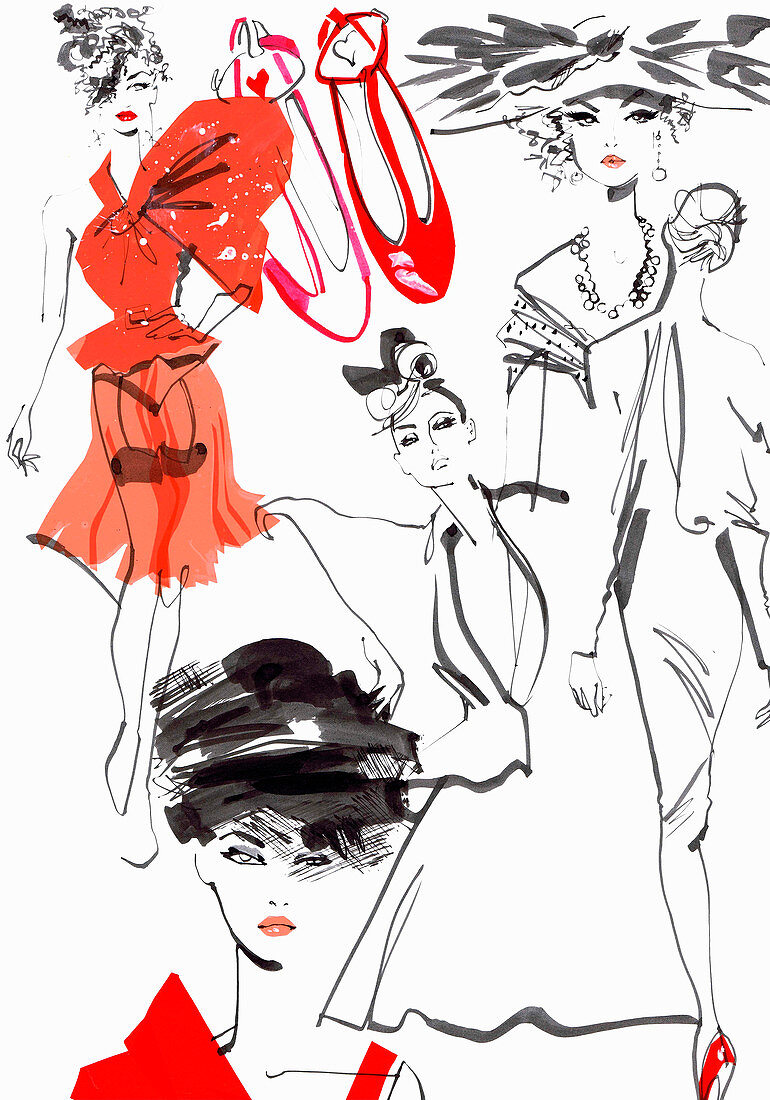 Composite image of catwalk fashion models, illustration