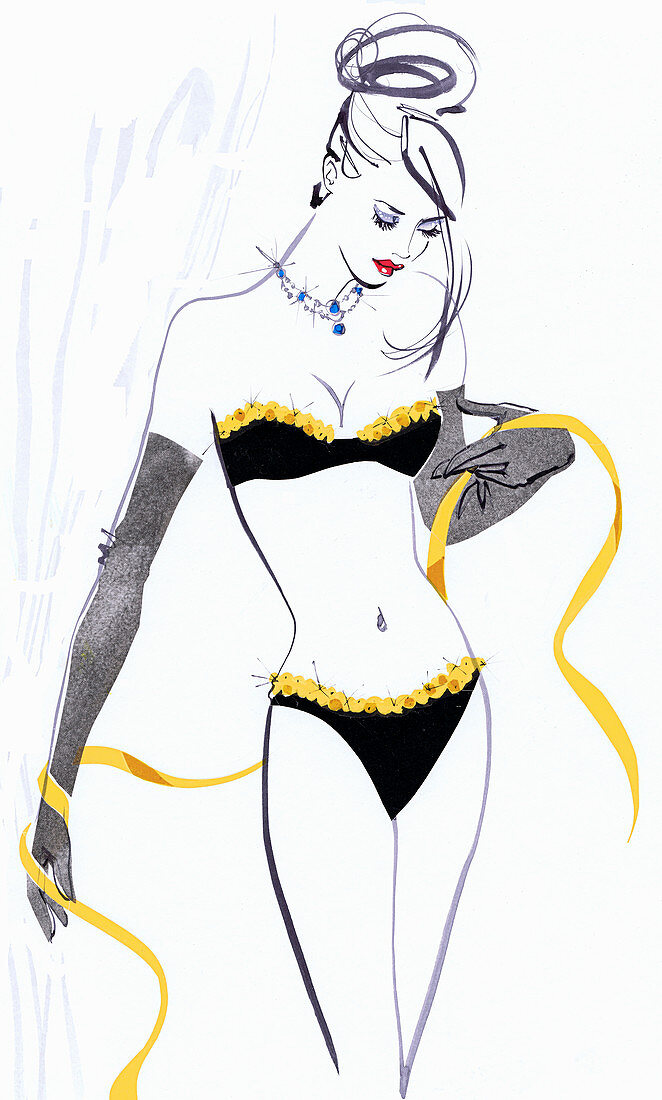 Woman wearing lingerie holding measuring tape, illustration