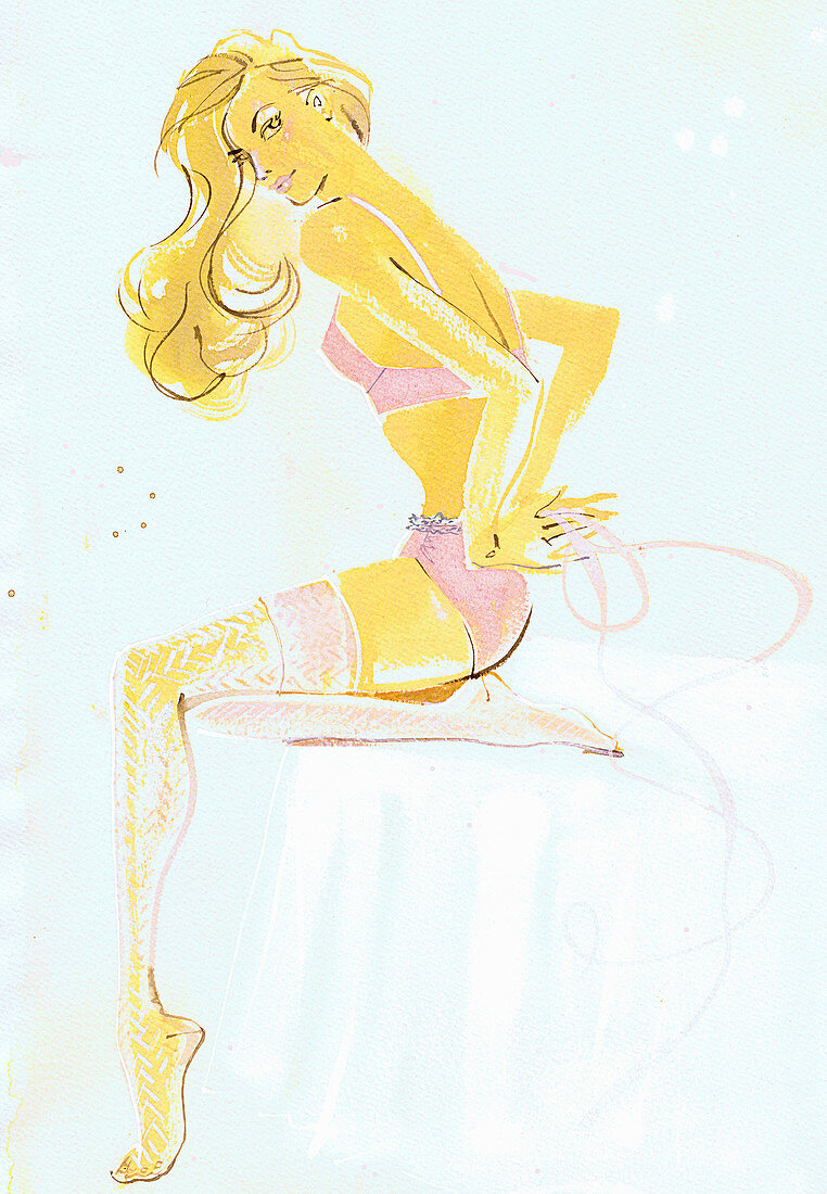 Woman getting dressed, illustration