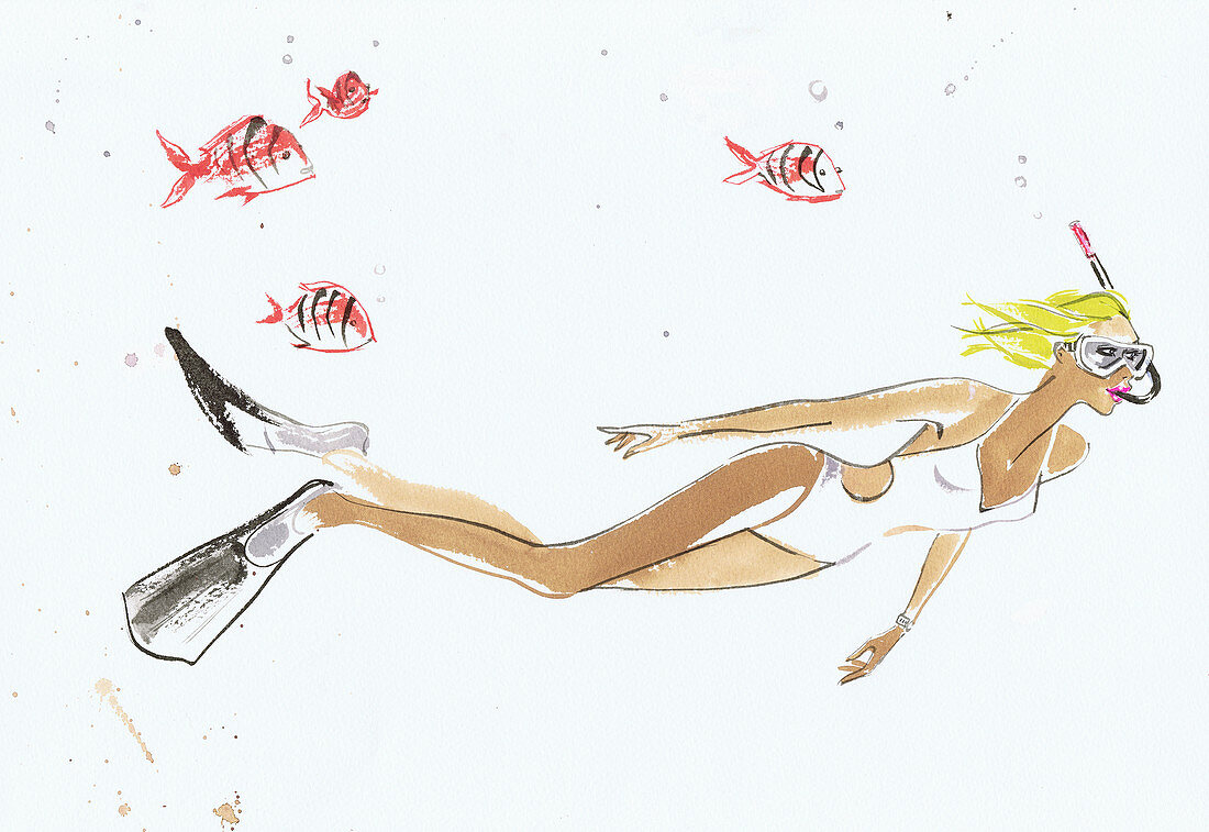 Young woman snorkelling underwater, illustration