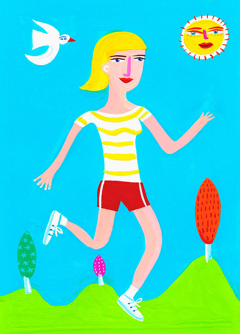Woman running on sunny day, illustration