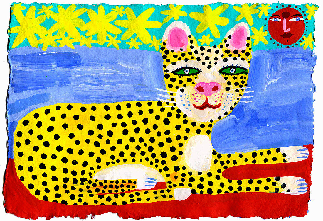 Happy leopard relaxing in sun illustration