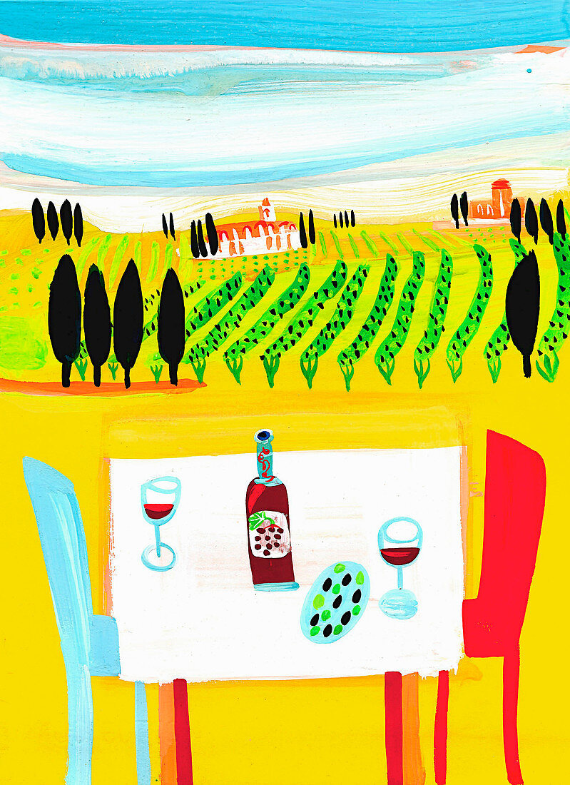 Red wine on table in Italian vineyard, illustration