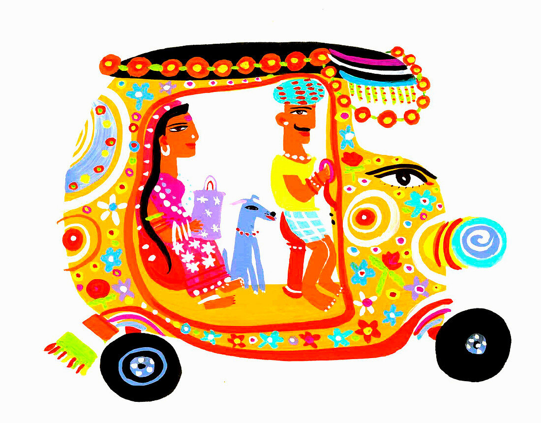 Man driving ornate auto rickshaw, illustration