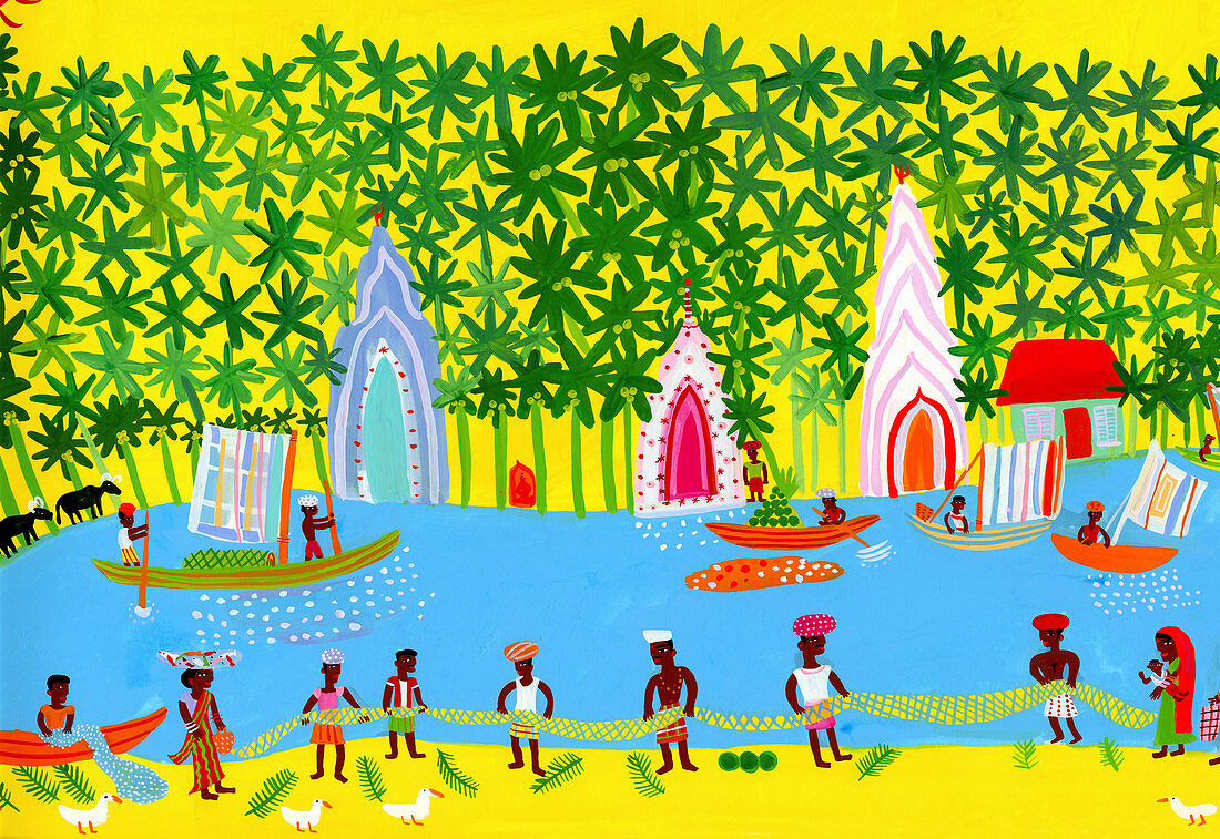 Village life in Kerala, India, illustration