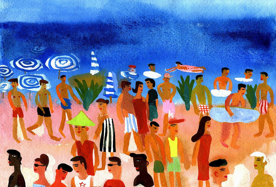 People walking on beach and swimming, illustration