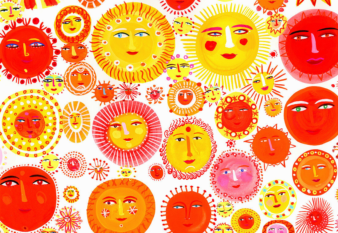 Lots of suns with smiling faces, illustration