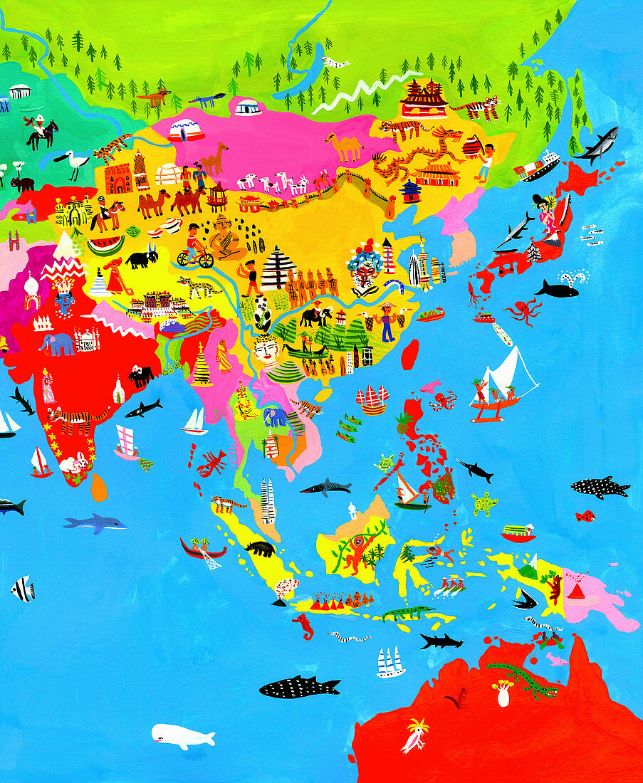 Map of Asia with Asian culture and wildlife, illustration