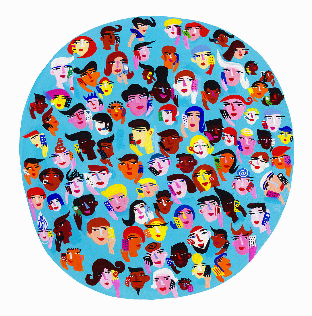 Circle containing people using smart phones, illustration