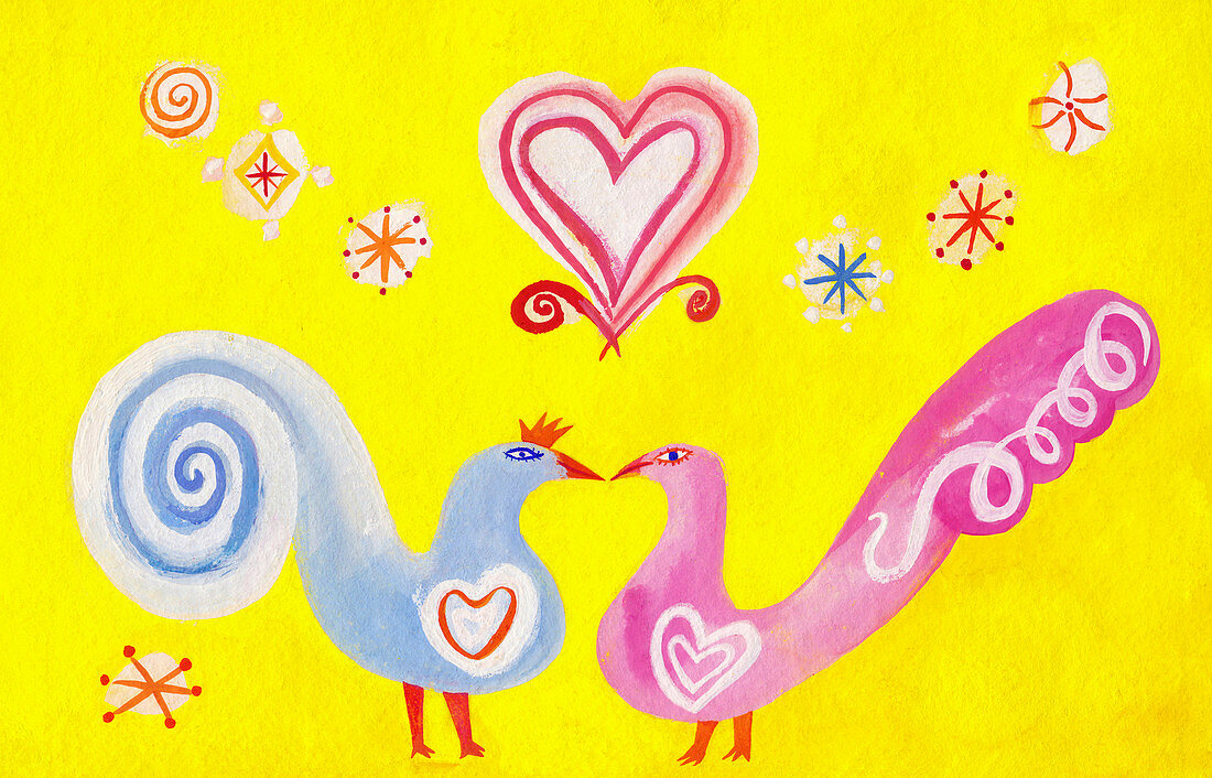 Two birds kissing and falling in love, illustration