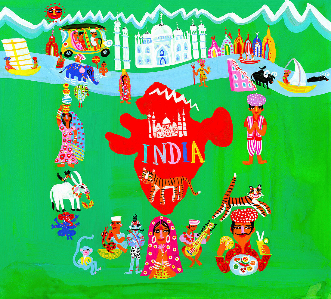 Map of India with Indian people and culture, illustration