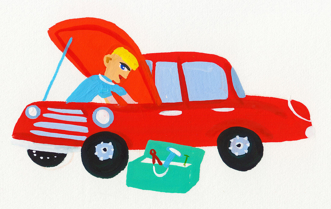 Mechanic repairing car, illustration
