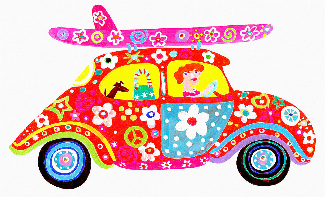 Woman driving hippy flower power car, illustration