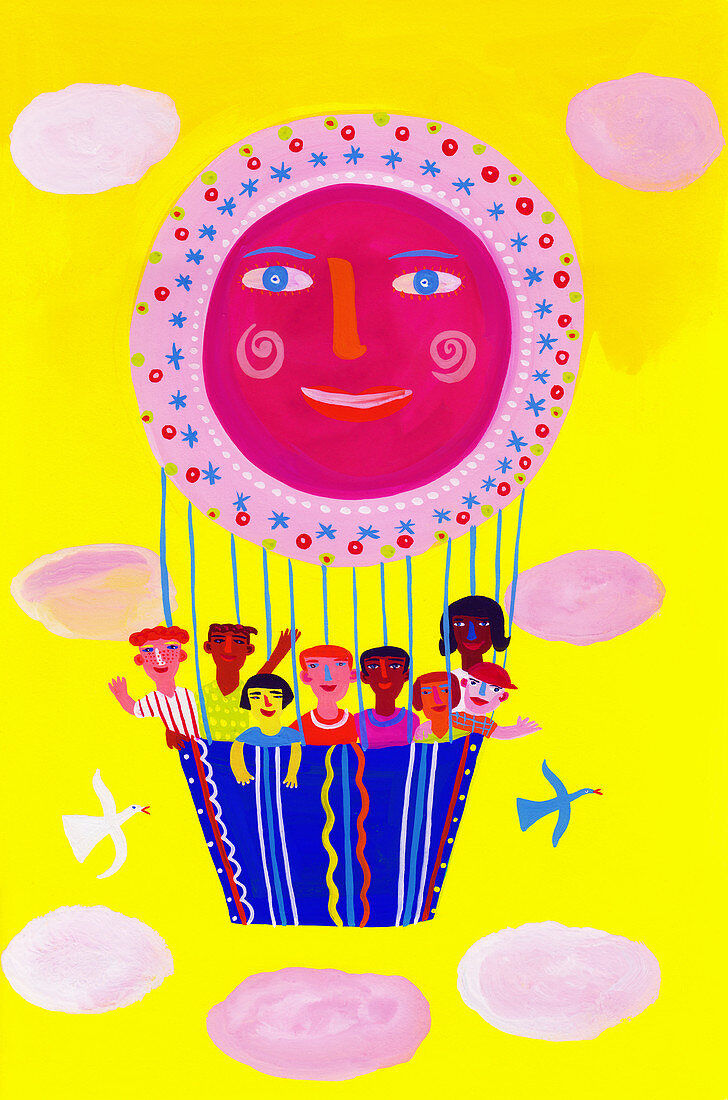 Happy children in smiling hot air balloon, illustration
