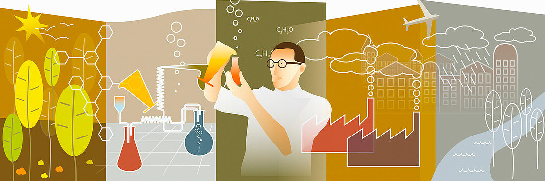 Scientist researching biofuel, illustration