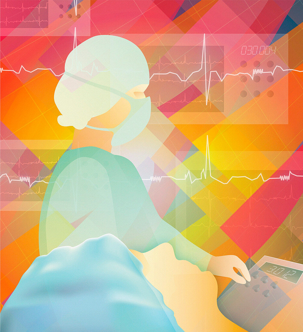 Surgeon monitoring medical equipment, illustration