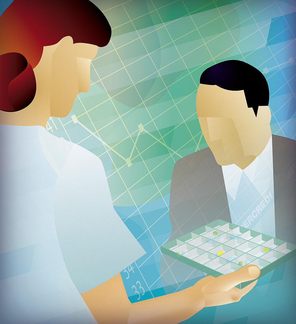 Nurse handing patient medication, illustration