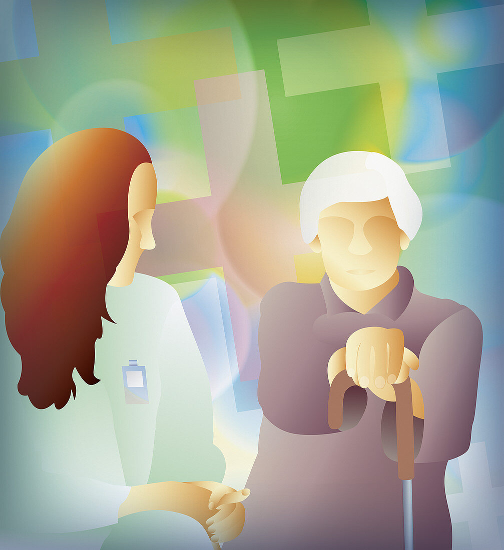 Nurse talking to elderly woman, illustration