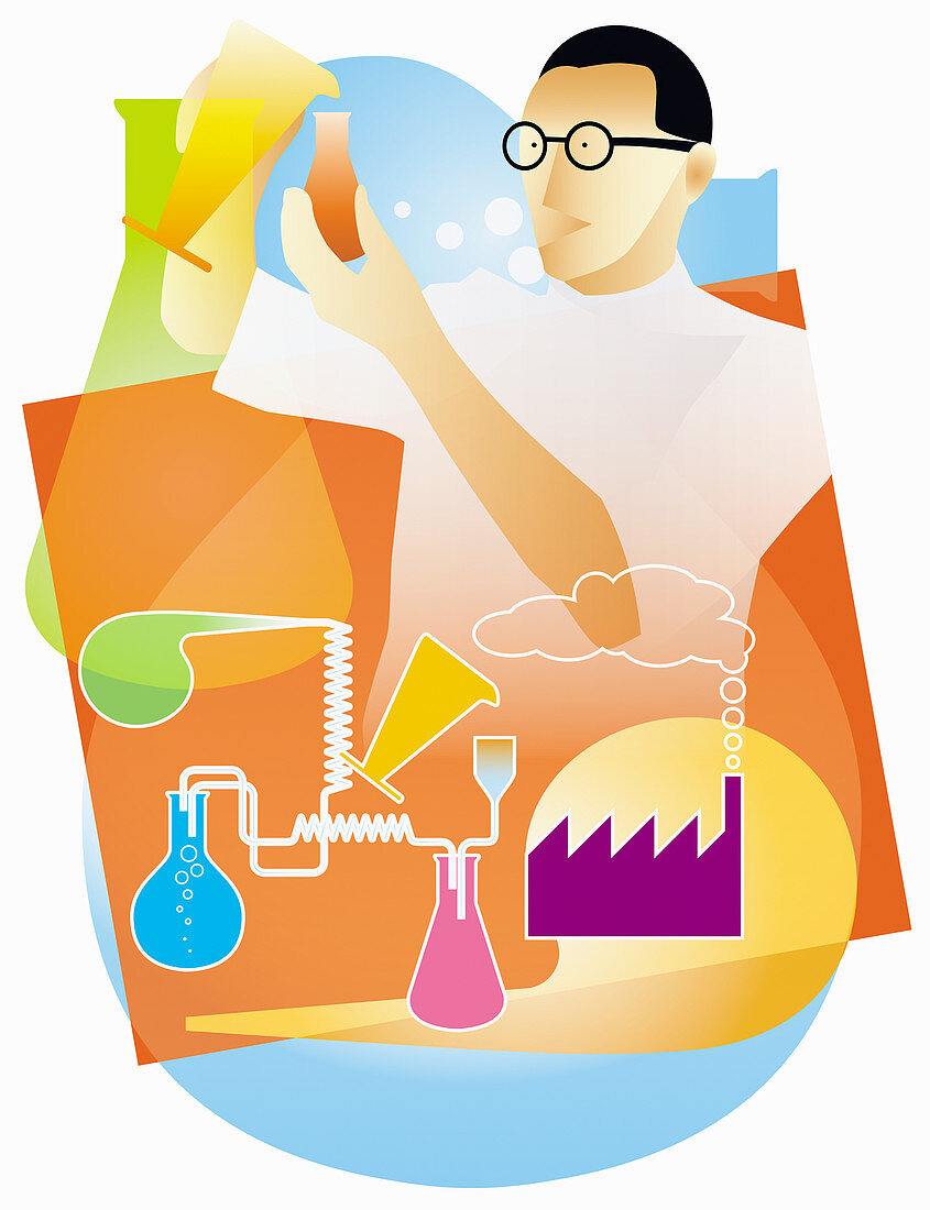 Industrial chemist doing science experiment, illustration