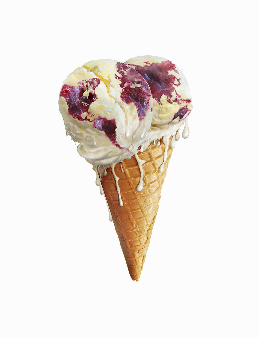 Global map on melting ice cream cone, illustration