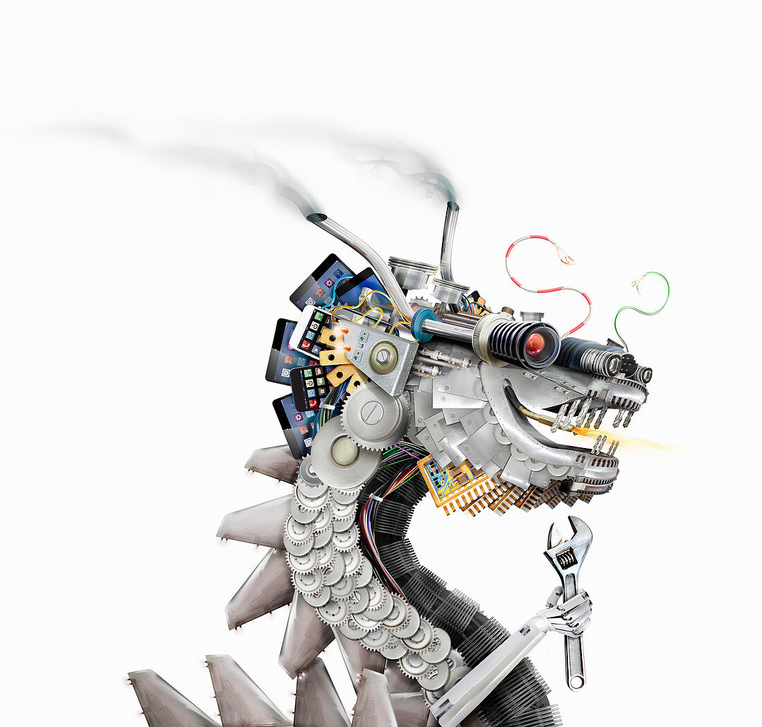 Chinese dragon made from machine parts, illustration