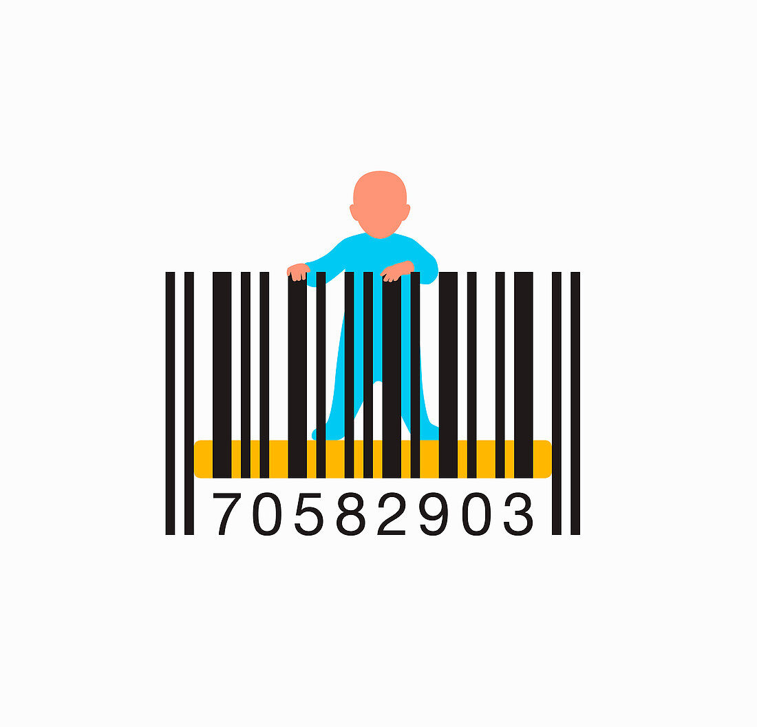 Baby standing up in barcode cot, illustration