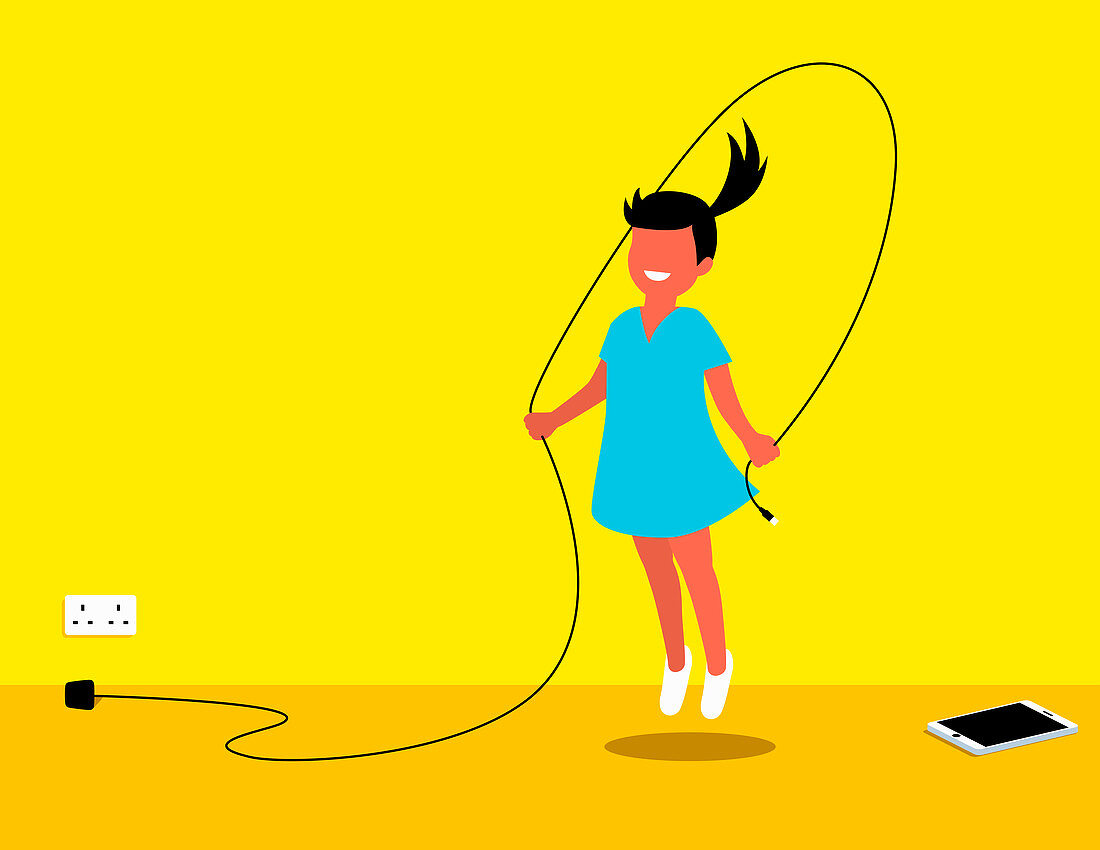 Girl using cable as skipping rope, illustration