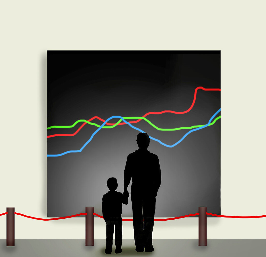 Father and son looking at line graphs, illustration