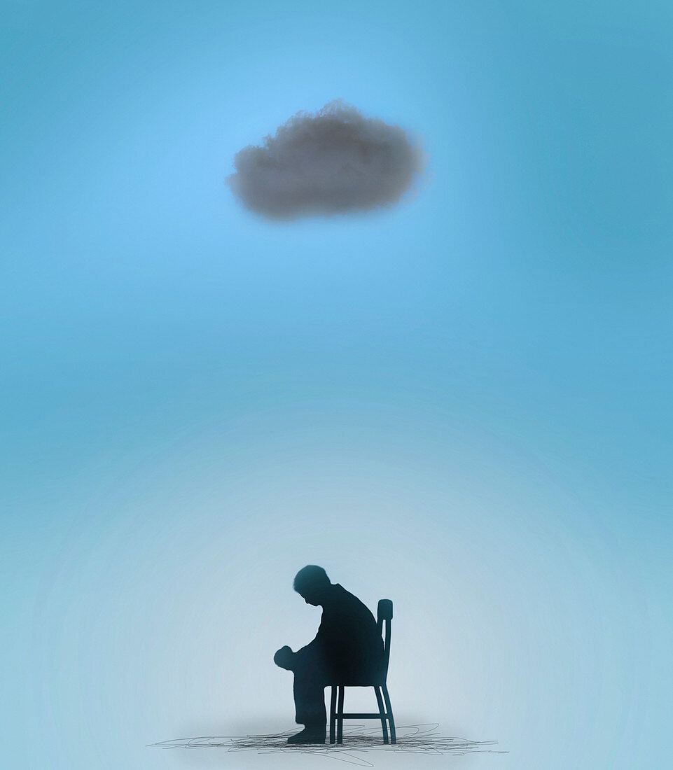 Man sitting under a black cloud, illustration