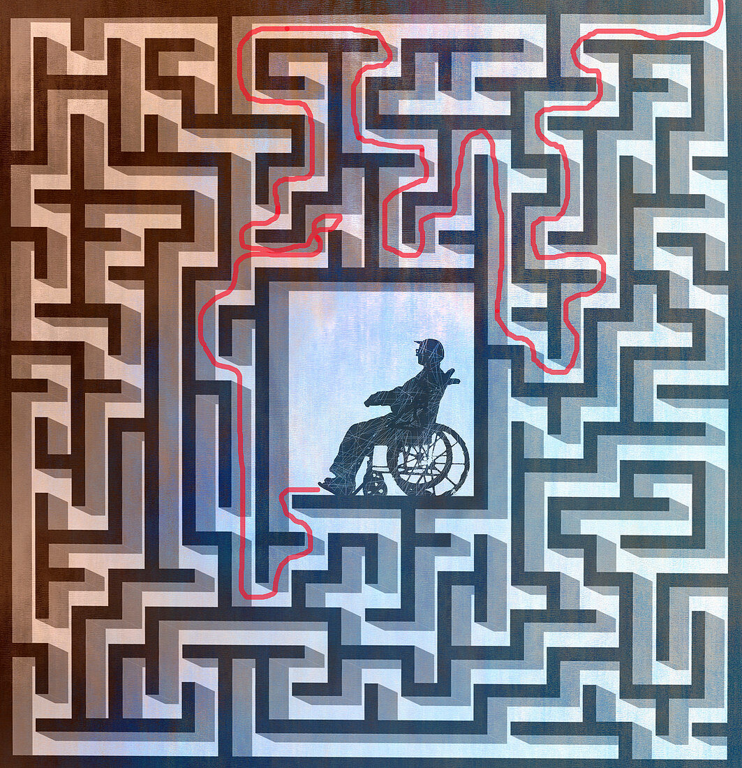 Man in wheelchair in centre of maze, illustration