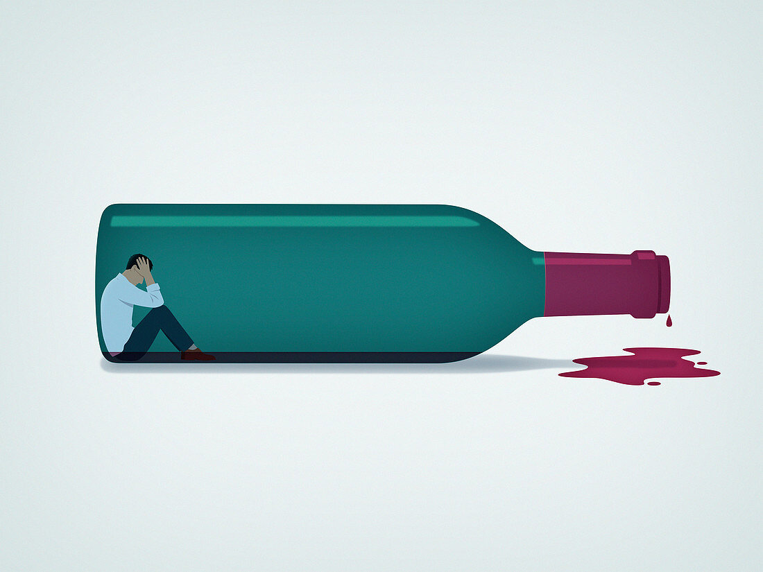 Man trapped inside of wine bottle, illustration